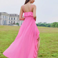 Vintage Hot Pink Ruffle Spaghetti Strap Maxi Prom Dress High Slit Evening Dress DP8107