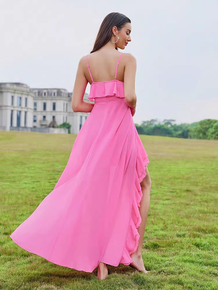 Vintage Hot Pink Ruffle Spaghetti Strap Maxi Prom Dress High Slit Evening Dress DP8107