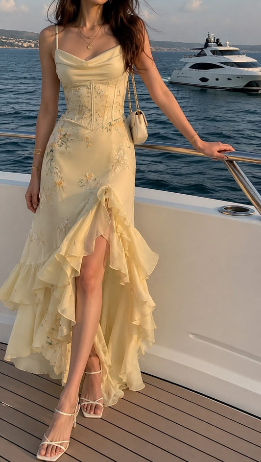 Elegant Pale Yellow Spaghetti Strap Embroidery Ruffle Evening Gown DP8472