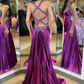 Luxury Purple Beaded Satin Evening Gown Open Back Mermaid Prom Dress DP8007
