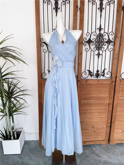 Elegant Light Blue Halter Neck 3D Floral Evening Gown Ruffle Prom Dress DP7967