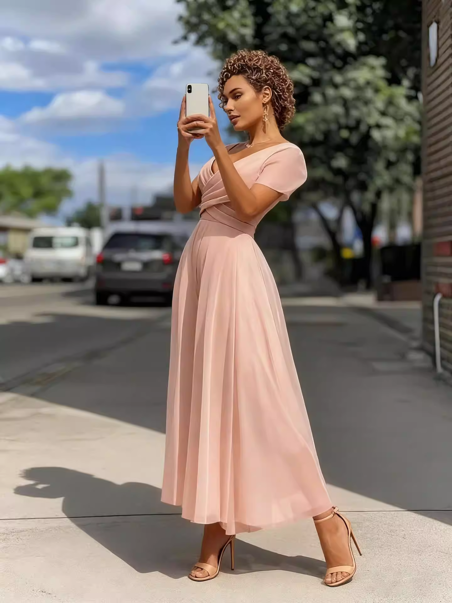 Elegant Pink Chiffon Short Sleeve A-Line Midi Wedding Guest Gown Mother of the Bride Dress DP8112