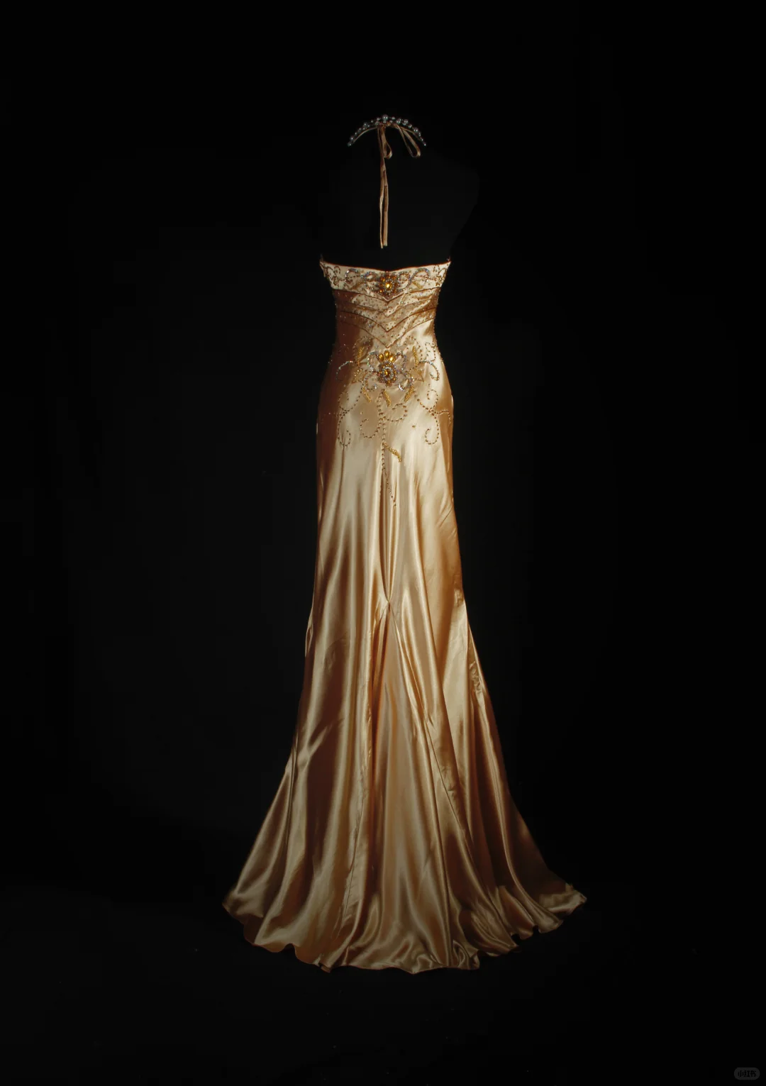 Glamorous Champagne Gold Satin Sweetheart Sheath Beaded Halter-Neck Evening Gown DP7380