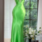 Elegant Bright Green Spaghetti Strap Satin Mermaid Prom Dress DP8526
