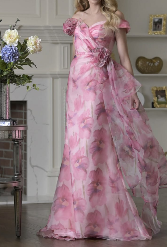 Elegant Pink Floral Chiffon A-Line Off-the-Shoulder Evening Gown DP8407