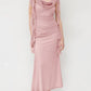 Elegant Pink Cowl Neck Ruffle Cap Sleeve Mermaid Ruched Chiffon Evening Gown DP8638