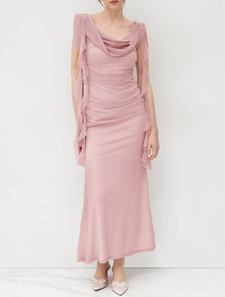 Elegant Pink Cowl Neck Ruffle Cap Sleeve Mermaid Ruched Chiffon Evening Gown DP8638