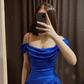 Royal Blue Straps Off Shoulder Satin Sheath Long Party Dress, DP3822