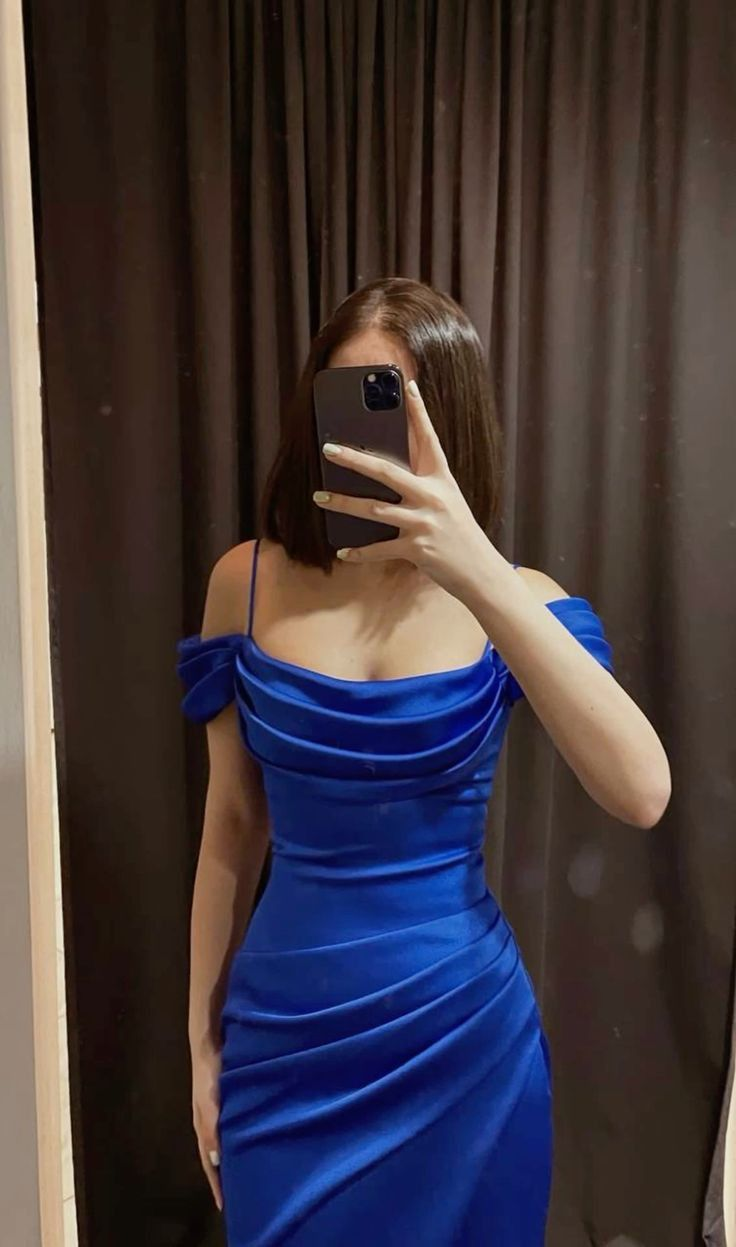 Royal Blue Straps Off Shoulder Satin Sheath Long Party Dress, DP3822