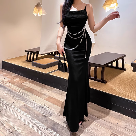 Wunderschönes schwarzes Spaghettiträger-Taillenketten-Meerjungfrauen-langes Ballkleid Abendkleid DP6402