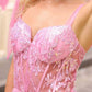 Elegant Pink Sparkle Sequin Lace Ball Gown Sweetheart A-Line Prom Dress Tie Straps Evening Gown DP8190