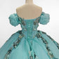 Glamorous Light Turquoise Off-Shoulder Beaded Applique Tulle Quinceañera Ball Gown DP7138