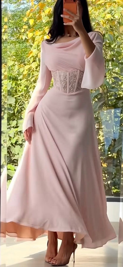 Elegant Pink Chiffon Cowl Neck Long Sleeve Lace Corset A-Line Evening Gown Party Dress DP8579