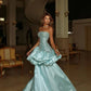 Robe de bal sirène glamour bleu clair sans bretelles en satin, corsage orné de perles, DP7907