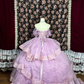 Robe de bal élégante lavande à épaules dénudées, corsage à volants étagés et perles, coupe trapèze, DP7071