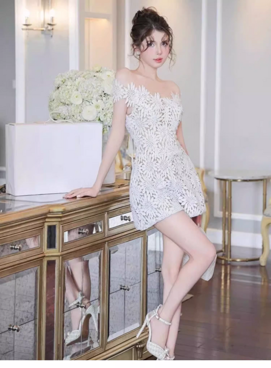 Cute White Appliqued Off-the-shoulder Design A-line Party Dress Homecoming Dress, DP5852