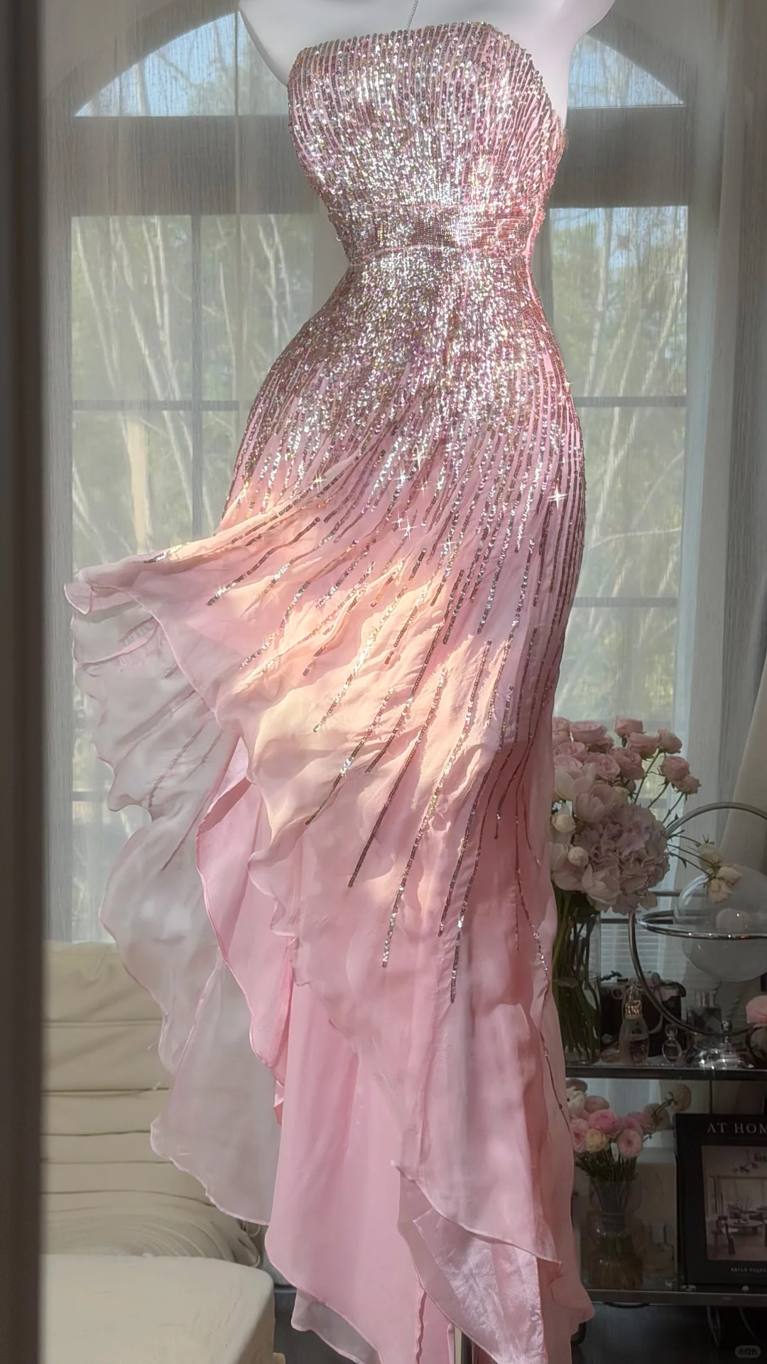 Elegant Pink Strapless Sequin Mermaid Ruffled Tulle Evening Dress Prom Dress DP8118