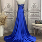 Vintage königsblaues trägerloses Satin-Abendkleid mit Perlenbesatz und Schleppe, formelles Ballkleid DP7594
