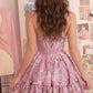 Vintage Pink Floral Jacquard Spaghetti Strap Tiered Ruffle Hem A-Line Cocktail Party Homecoming Dress DP8668