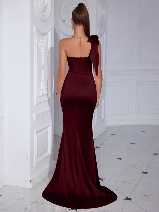 Luxury One-Shoulder Satin Mermaid Prom Gown High Slit Evening Dress DP8100