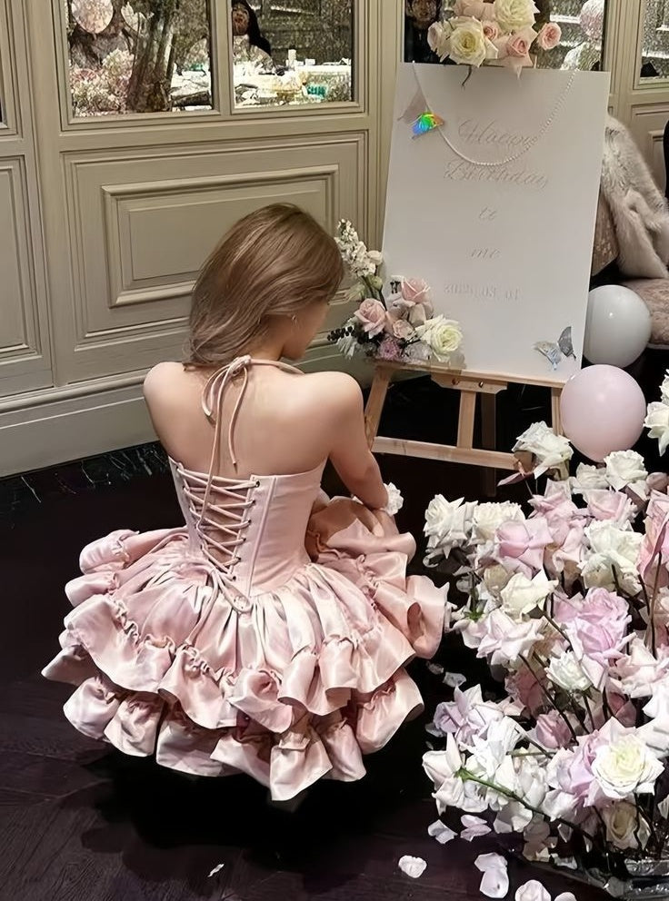 Cute Pink Tiered Ruffle A-Line Halter-Neck Homecoming Dress DP8503 – DSProm