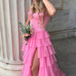 Dreamy Strapless Swetheart Ruffled Tiered High Slit Ball Gown DP8159