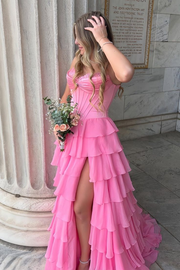 Dreamy Strapless Swetheart Ruffled Tiered High Slit Ball Gown DP8159