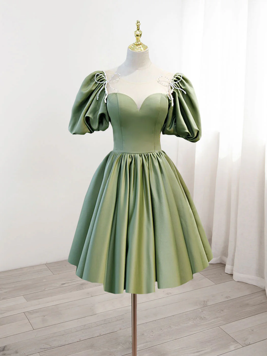 Retro Green Sweetheart Short-sleeved Lace-up Design A-line Satin Party Dress Homecoming Dress DP6060