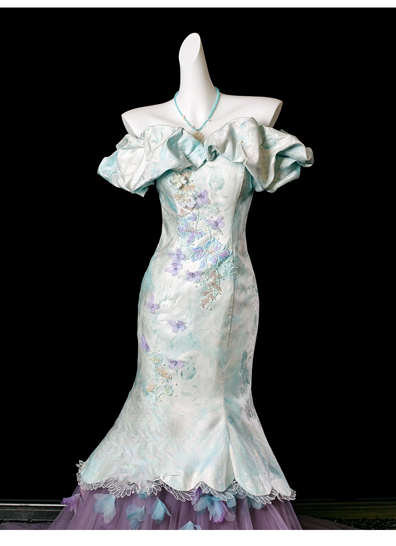 Chic Embroidery Beaded Mermaid Off-the-shoulder Prom Dress 3D Butterflies Evening Gown Party Dress Long Formal Dress DP6902