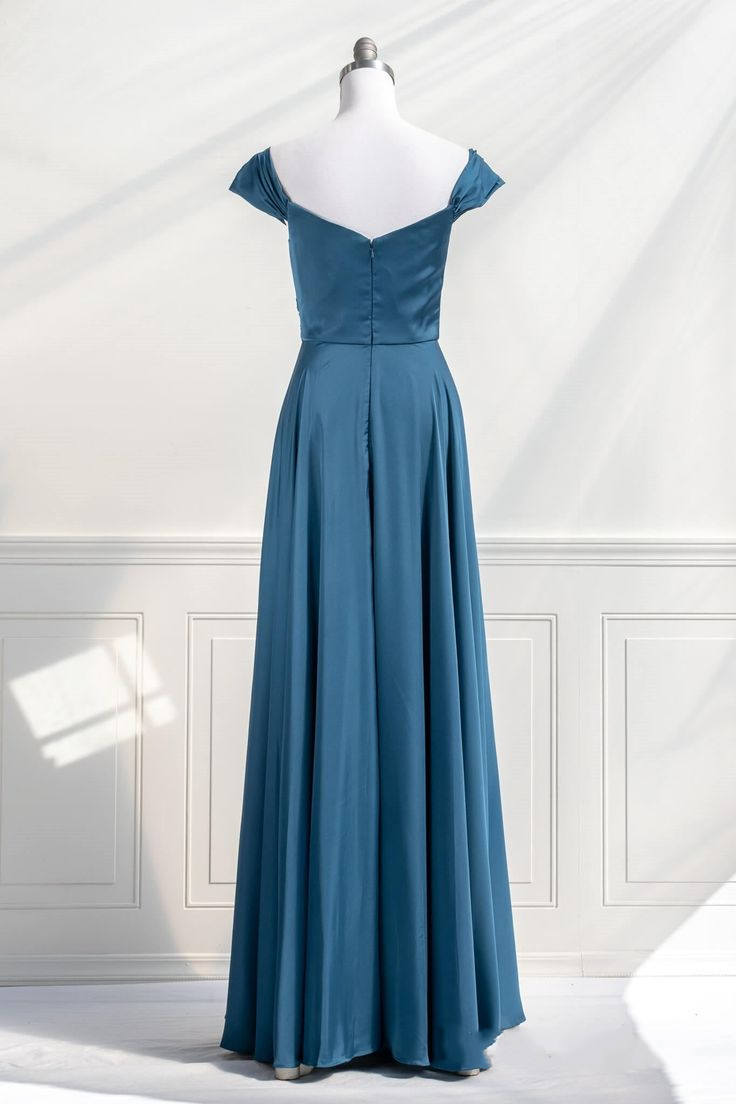 Elegant Teal Off-the-Shoulder Satin A-Line Evening Gown DP8475