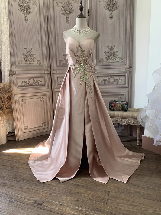 Glamorous Pink Strapless Beaded Embroidery & Sweeping Train Prom Dress DP7664