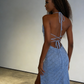 Glittering Sky Blue Spaghetti Strap Halter-Neck High Slit Prom Dress DS5011