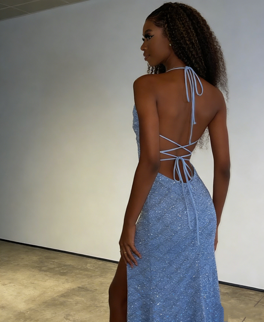 Glittering Sky Blue Spaghetti Strap Halter-Neck High Slit Prom Dress DS5011