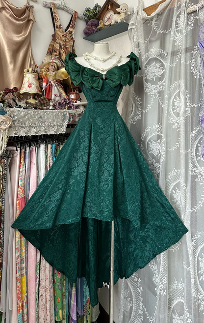 Vintage Dark Green Off-the-shoulder Irregular Hem Design A-Line Applique Prom Dress Evening Dresss DP6203