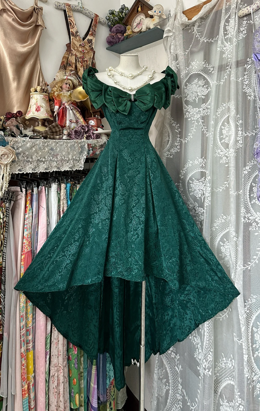 Vintage Dark Green Off-the-shoulder Irregular Hem Design A-Line Applique Prom Dress Evening Dresss DP6203