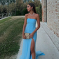 Blue Strapless Sheath Tulle Long Party Dress Maxi Dress, DP3580