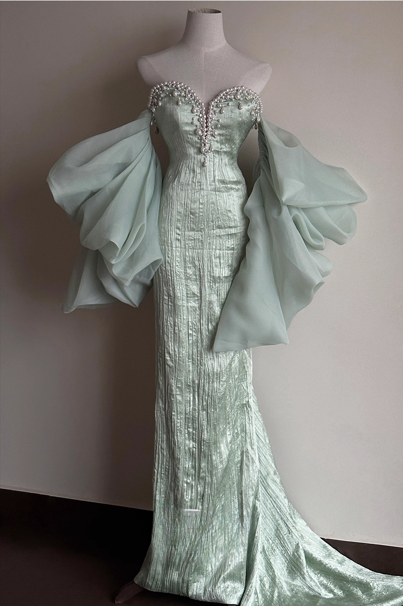 Elegant Mint Green Strapless with Ruffled Sleeves Pearl Sweetheart Sheath Evening Gown DP7215