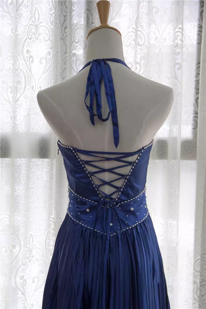Vintage Navy Blue Halter-Neck Evening Gown Beaded Bodice Pleated Satin Floor-Length Prom Dress DP7608