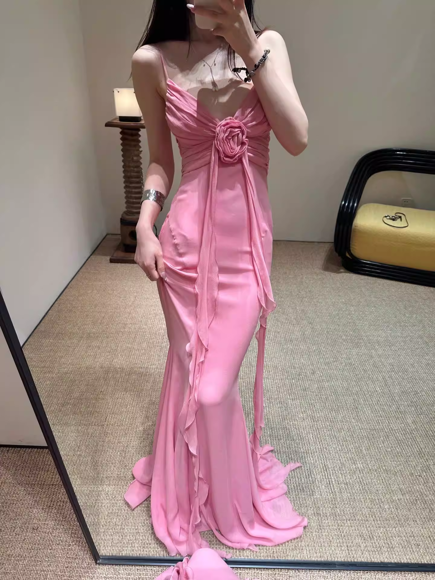 Ethereal Pink Spaghetti Strap Ruffled 3D Floral Prom Dress DP7953