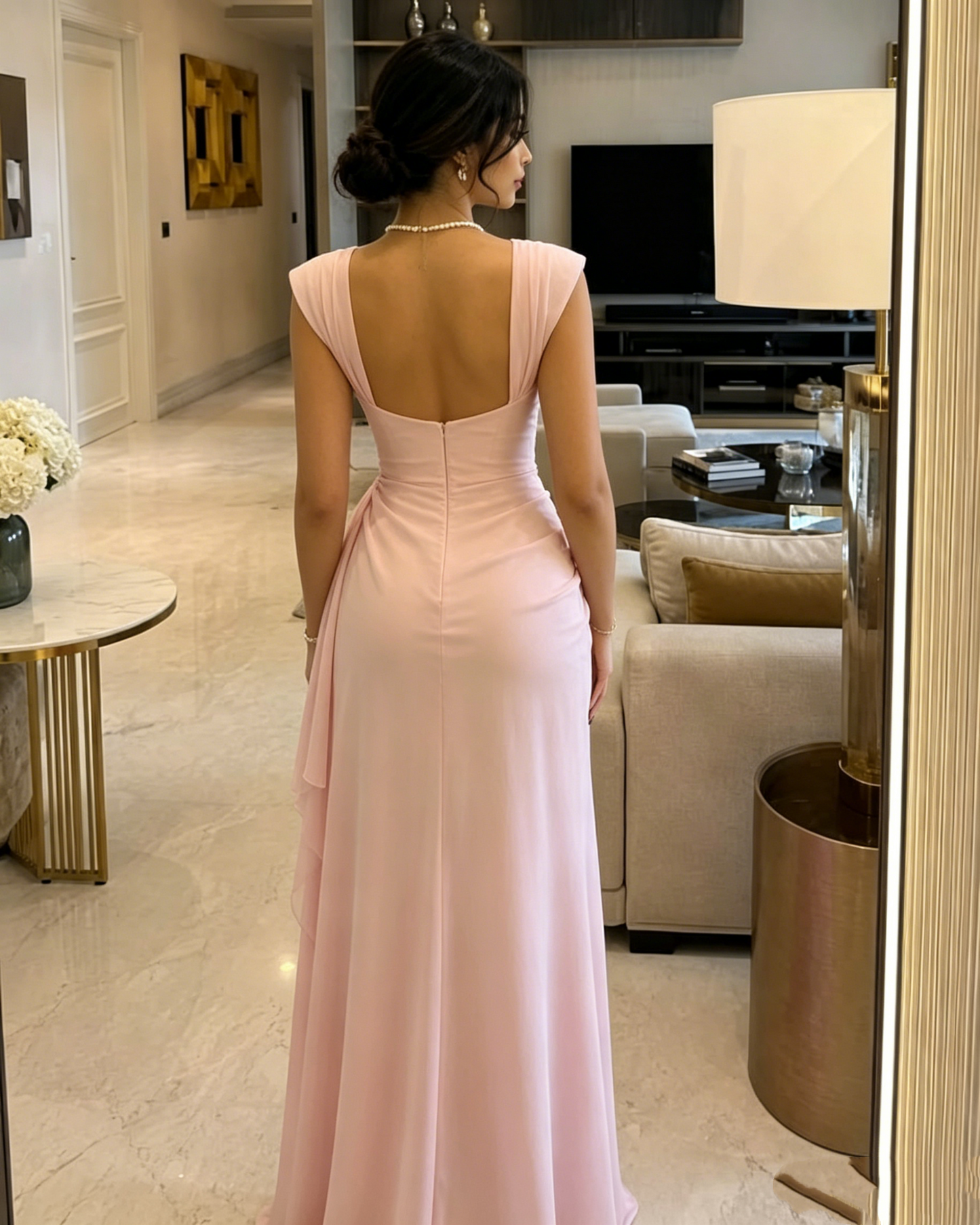 Elegant Pink Cowl Neck Draped Chiffon Cap Sleeve Evening Gown DP8467