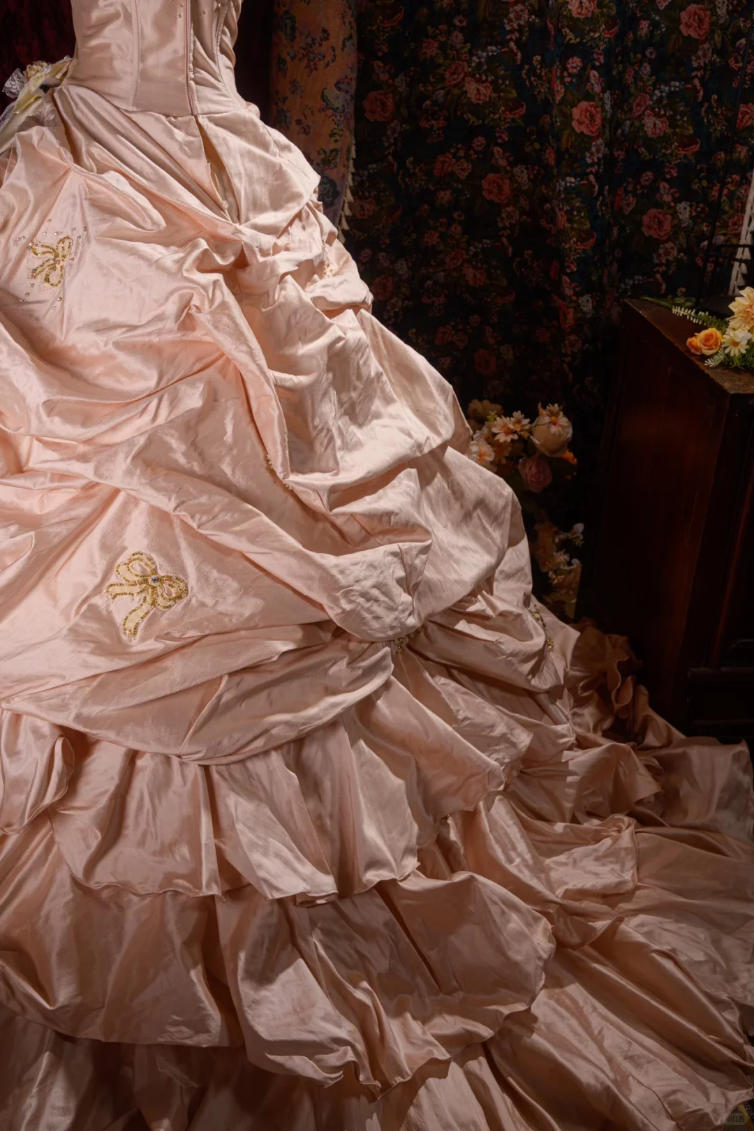 Elegant Pink Strapless Ruffled Tiered Gold Beaded Embroidery Sweet 16 Quinceanera Ball Gown DP7411