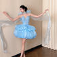 Light Blue Strapless Tulle Homecoming Dress Puffy Bubble Skirt Beaded Party Gown DP8308