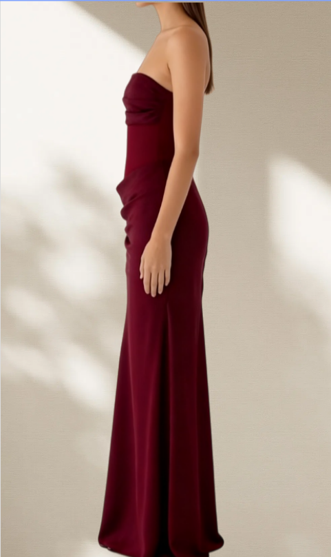Robe de soirée fourreau vintage bordeaux en satin, sans bretelles, froncée, DP7818