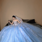 Elegant Light Blue Strapless Corset Star & Moon Sequins Sweet 15 Quinceanera Ball Gown DP8311