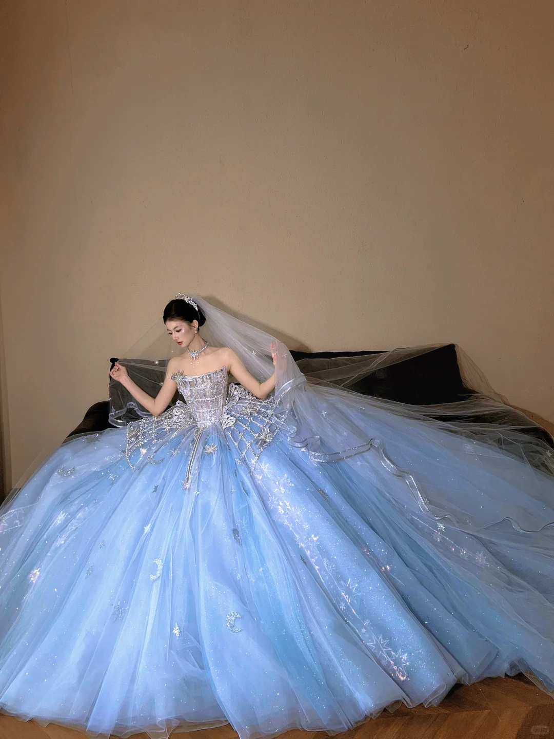 Elegant Light Blue Strapless Corset Star & Moon Sequins Sweet 15 Quinceanera Ball Gown DP8311