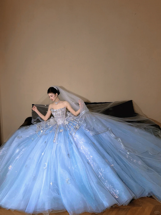 Elegant Light Blue Strapless Corset Star & Moon Sequins Sweet 15 Quinceanera Ball Gown DP8311