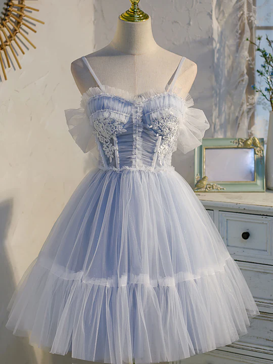 Vintage Light Blue Applique Sweetheart Spaghetti Strap Design A-line Tulle Party Dress Homecoming Dress DP6065