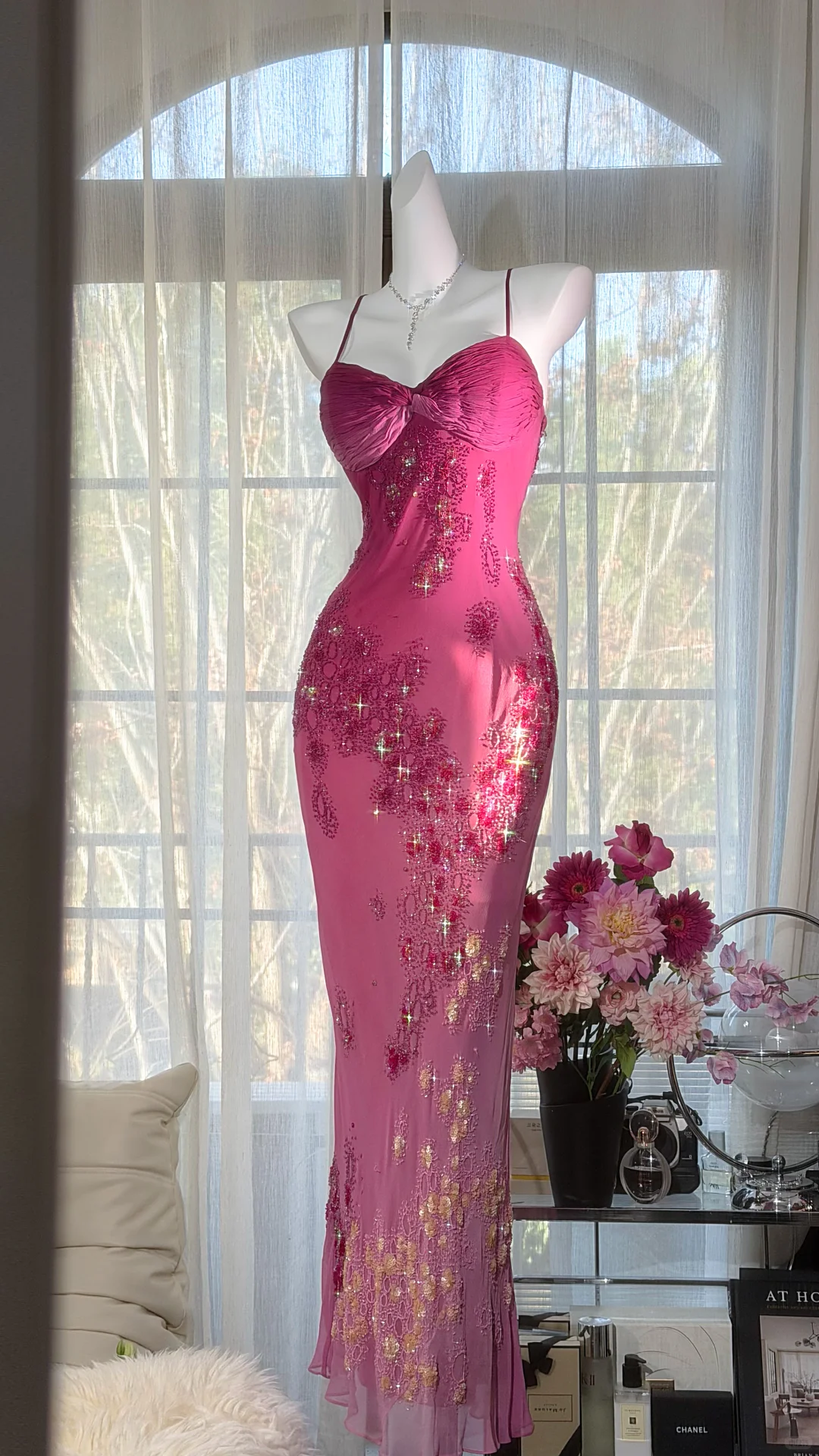 Glamorous Fuchsia Sequined Beaded Sweetheart Mermaid Prom Dress Spaghetti Strap Evening Dress DP8125