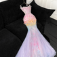 Chic Pastel Rainbow Ombre Sequin Mermaid Detachable Spaghetti Strap Beaded Formal Evening Gown DP7350