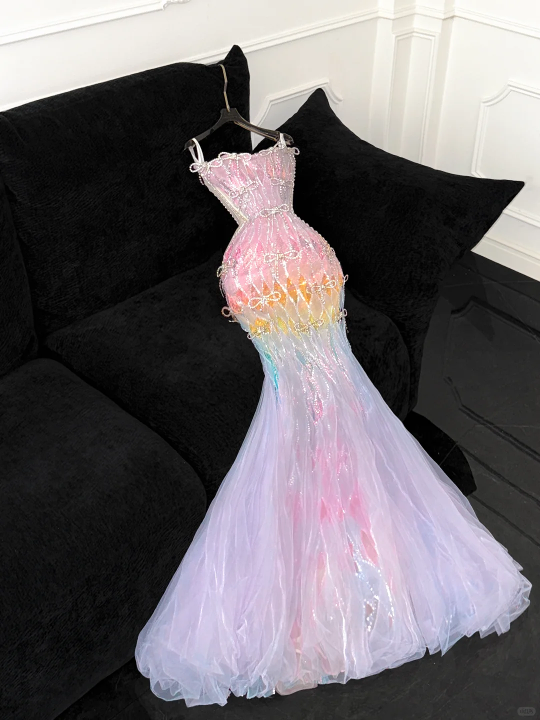 Chic Pastel Rainbow Ombre Sequin Mermaid Detachable Spaghetti Strap Beaded Formal Evening Gown DP7350